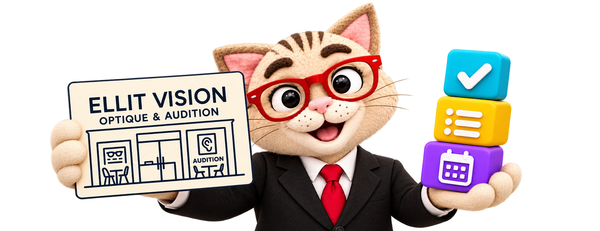 Le chat ELLIT aux lunettes rouges tient le logo et des cubes de tâches